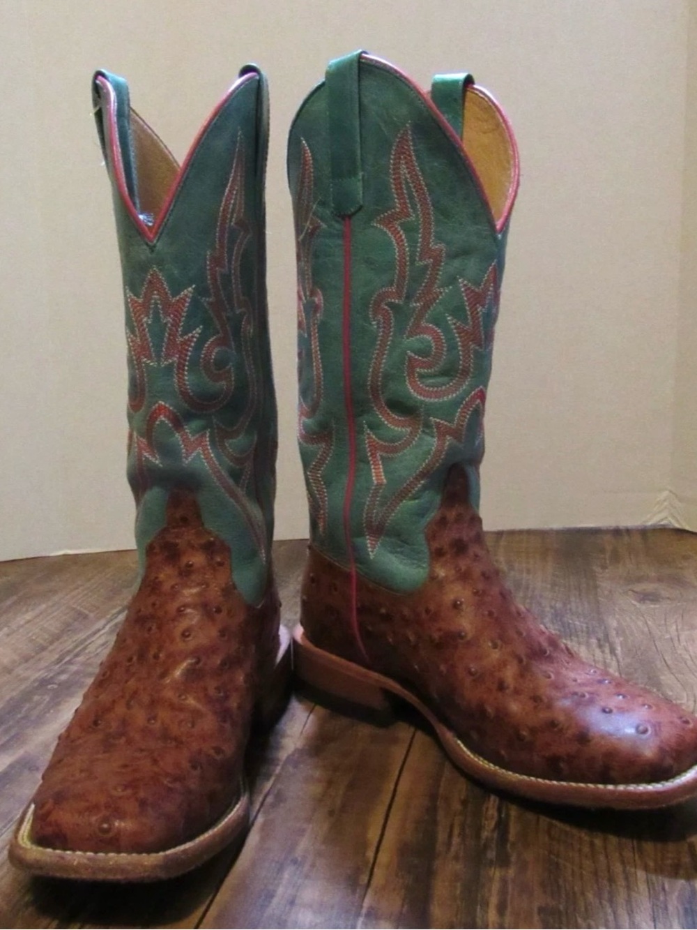 Great condition Macie Beam Brown Ostrich Leather Western Boots with Teal moment